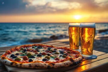 Margherita pizza and beer served on beach at sunset