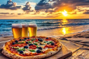 Margherita pizza and beer served on beach at sunset