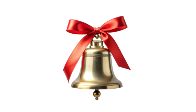 Golden Bell with Red Bow, Christmas Holiday Decoration, Wedding Celebration Symbol, Isolated Festive Bell, Red Ribbon Gold Bell.