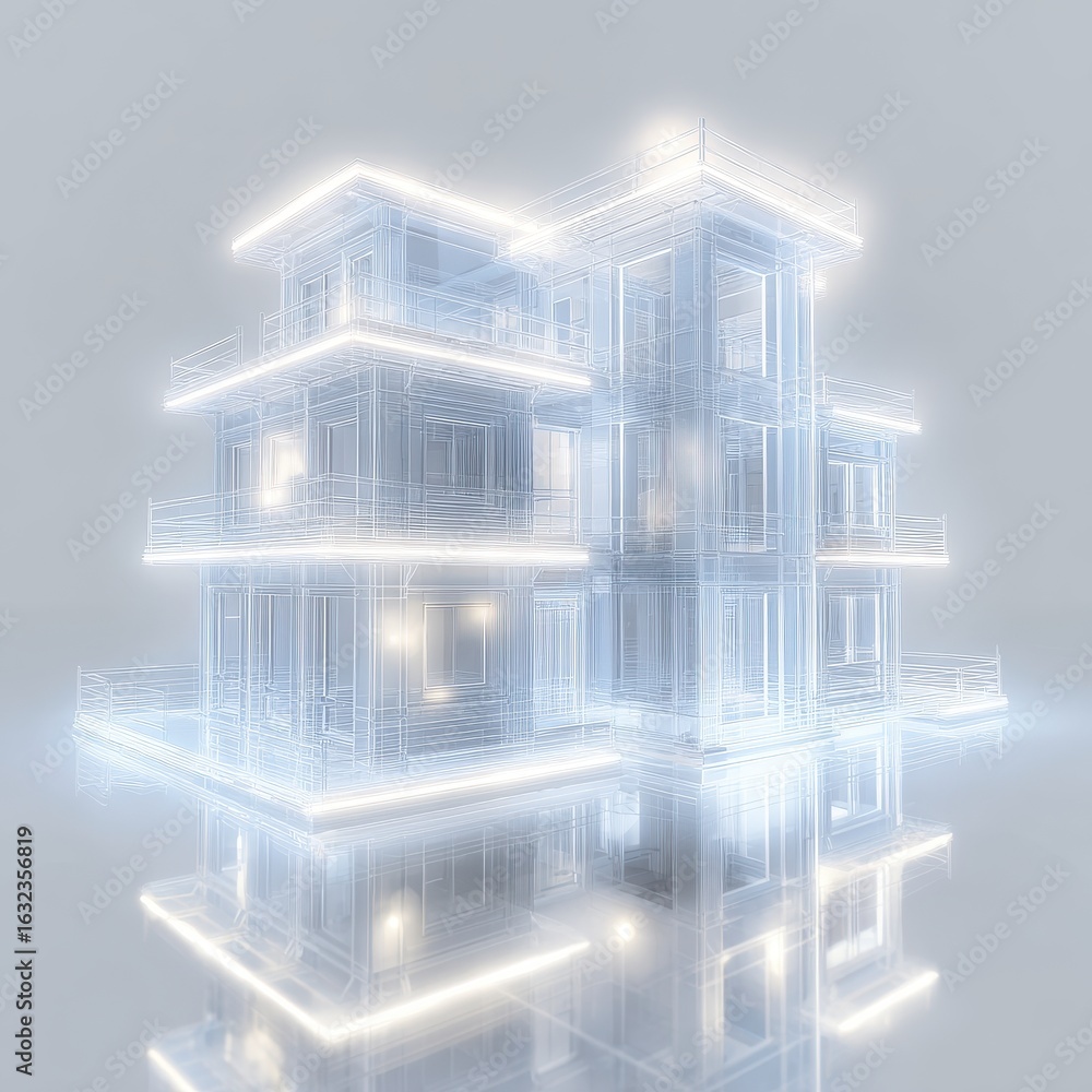 Aufkleber glowing architectural wireframe structure with balconies blueprint building