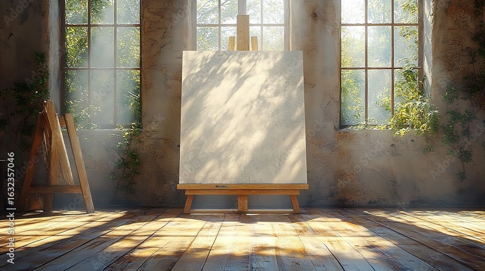 Poster easel with blank canvas stands in a sunlit room with large windows.