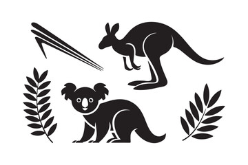Australian wildlife silhouette featuring kangaroo koala and boomerang
