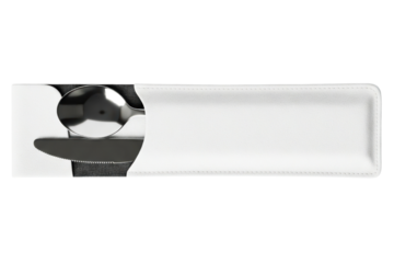 Metal spoon and knife cutlery set in a white leather holder isolated on a transparent background