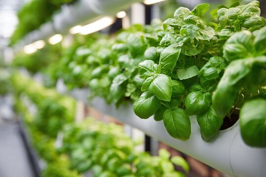 Basil plants growing in a vertical hydroponic garden setup in a greenhouse environment - Powered by Adobe