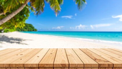 Wooden tabletop showcases blurred beach, a summery product backdrop.