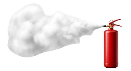 Red fire extinguisher spraying foam isolated on transparent background