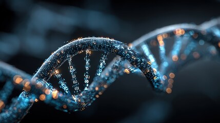 Digital DNA double helix structure intertwined with glowing binary code representing biotechnology, genetic engineering, and digital biology concepts
