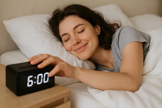 A woman is smiling while reaching for an alarm clock displaying 5:00, lying comfortably in bed. Concept Morning Routine, Waking Up Happy, Cozy Bedding, Alarm Clock Moments, Embracing a New Day