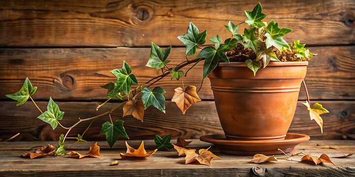 A potted ivy plant with green and autumn leaves trailing over a rustic wooden surface, set against a weathered wooden plank background