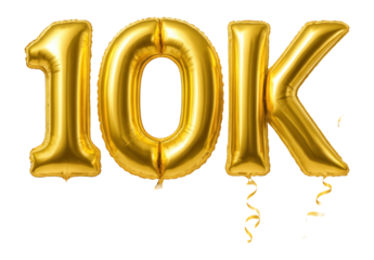 Shiny gold foil balloons forming the number "10K" with attached tassels on transparent background.