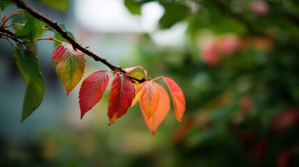 Beautiful autumn foliage with vibrant red and orange leaves on delicate branches against soft blurred background during fall season