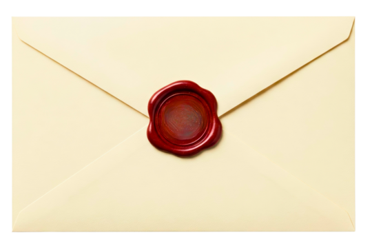 Vintage paper envelope sealed with a blank red wax stamp isolated on a transparent background