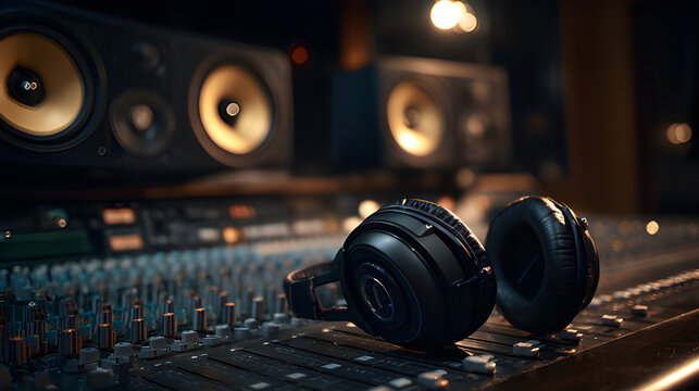 Headphones on mixing board turntable. Audio post production mixing desk. Professional recording mixing board audio faders with loudspeakers