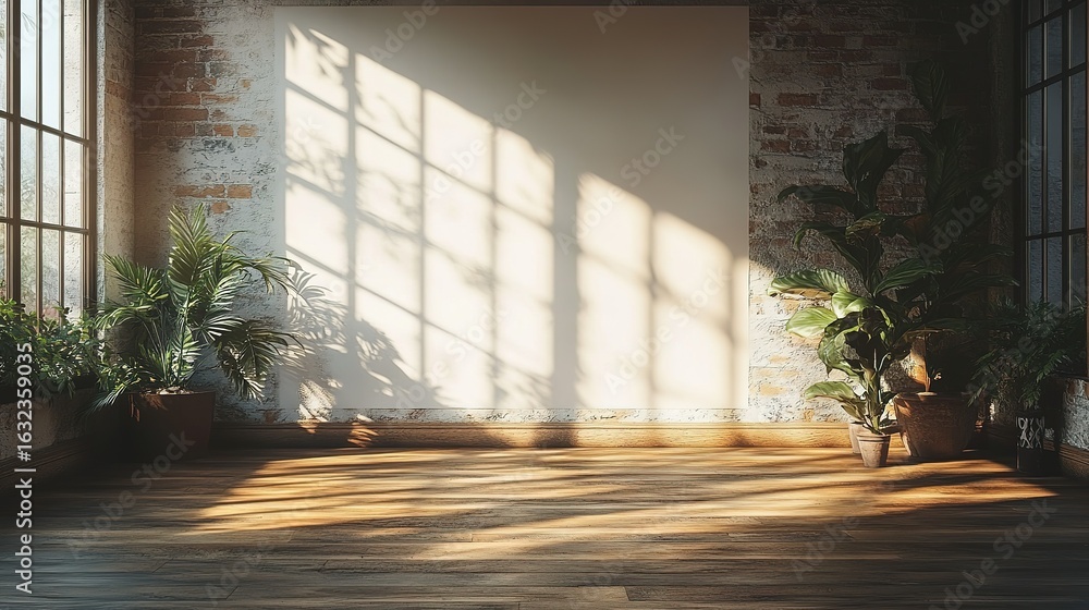 Poster bright sunlight streams through a window into an empty room with plants.