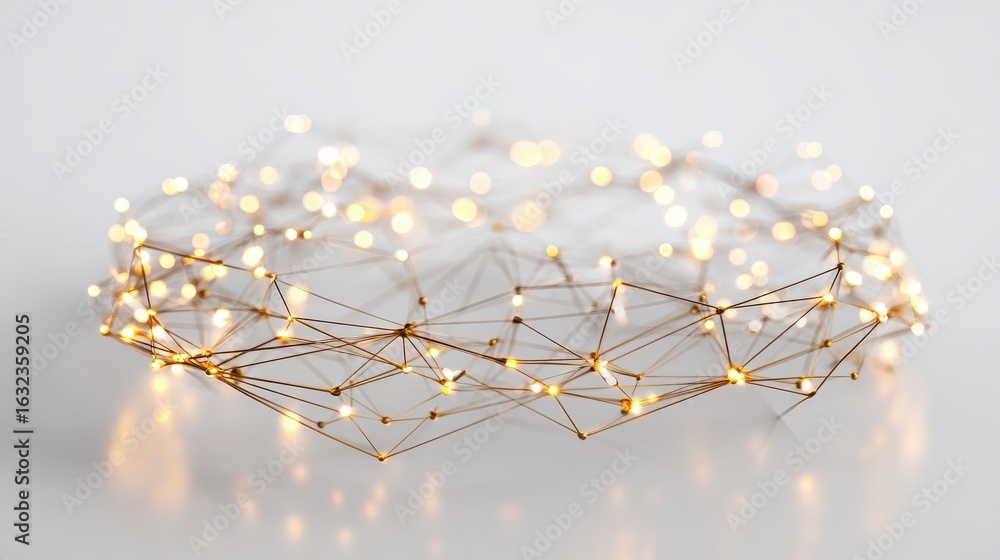 Poster glowing interconnected nodes with golden lights network connection