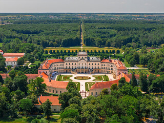 Aerial photo of Esterhazy castle in Ferton town, in countryside western Hungary, Europe.