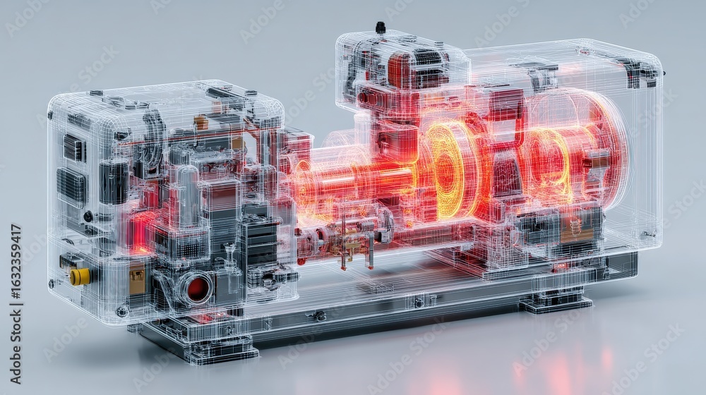 Poster glowing internal engine mechanism wireframe image