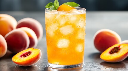 Freshly prepared peach iced tea served in a tall glass with juicy peaches on a sunlit countertop