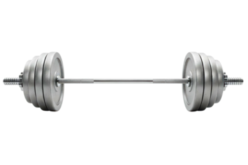 Heavy metal barbell with weight plates for strength training isolated on a transparent background