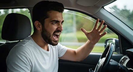 Angry driver yelling in car during road rage incident