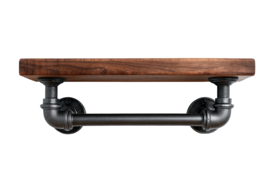 Dark wood shelf with black metal pipe supports