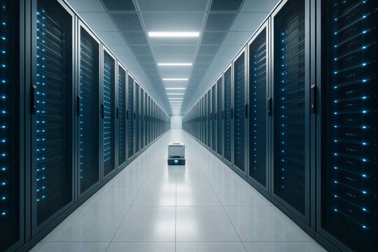 Futuristic robotic system navigating a modern data center corridor filled with server racks illuminated by blue LED lights on white background concept. Ai generative - Powered by Adobe