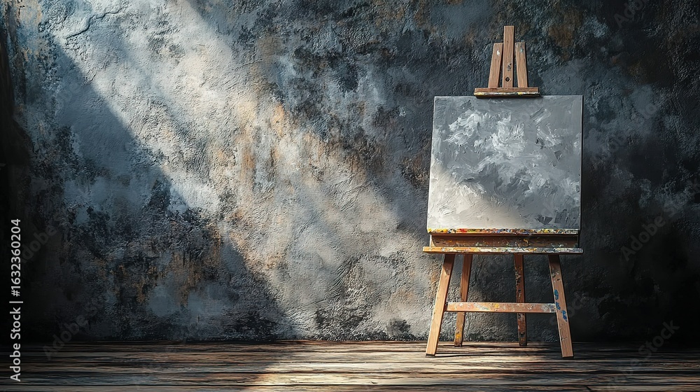 Poster easel with blank canvas stands in a room with light streaming through window.