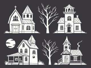 Spooky Houses and Bare Trees A Collection of Halloween Themed Vector Illustrations on Dark Background