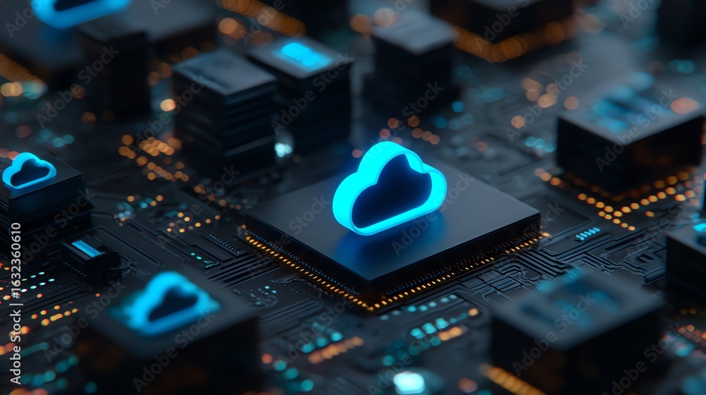 Aufkleber a vibrant, digitally rendered composition showcases interconnected circuitry and glowing cloud icons