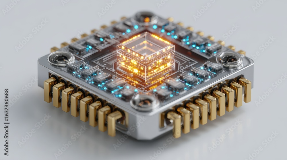 Poster glowing quantum processor with intricate circuitry chip technology
