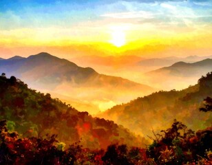 Sunrise Over Misty Mountain Valley Landscape Painting