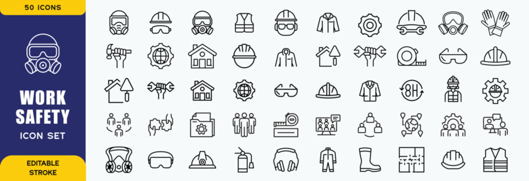 Work safety icon set. Containing hard hat, risk management, first aid kit, ear protection, workplace security, CCTV, regulation, safety training, hazard and more. vector icons collection