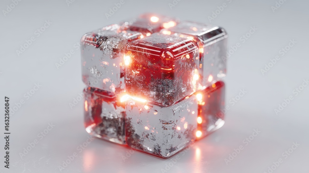 Poster glowing red core within icy cube structure light