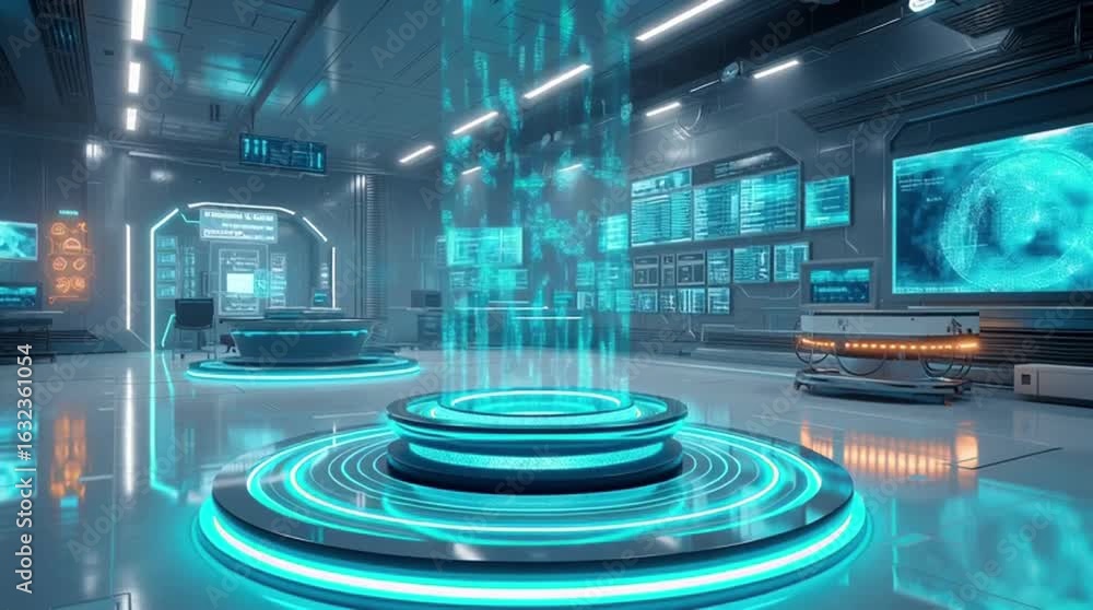 Poster futuristic data center with holographic display and advanced monitoring systems, high-tech interior 