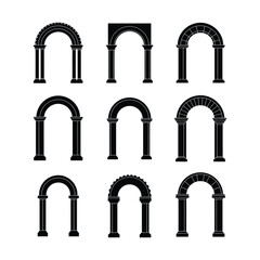 A collection of black silhouette arch icons showcasing various classical architectural styles. Set of isolated vector archway designs.