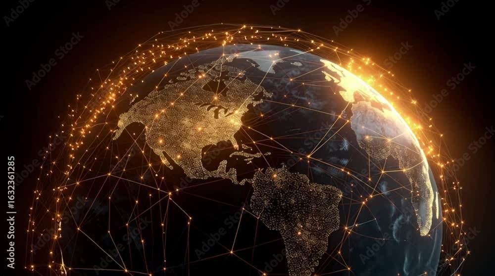 Poster global network connection: earth globe with glowing nodes and lines representing worldwide communica