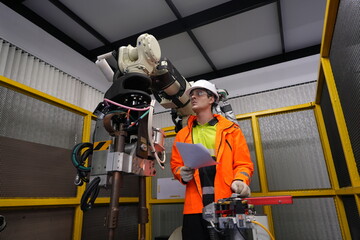  engineers wearing helmets workshop programming software for automated manufacturing technology and...