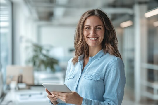 Happy businesswoman using tablet at desk in office - Powered by Adobe