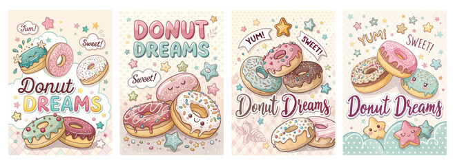Set of four posters featuring whimsical donut illustrations in pastel shades with colorful toppings