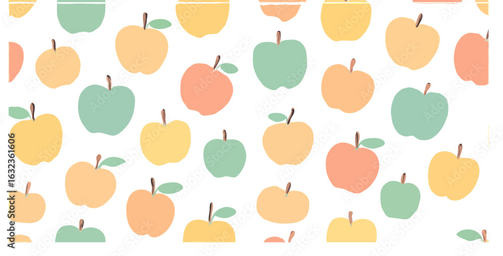 Poster seamless pattern of colorful apples in various shades and orientations on a white background.