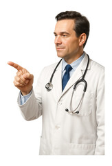 Fototapeta premium Male doctor in a white coat with a stethoscope gesturing with his finger on transparent background.