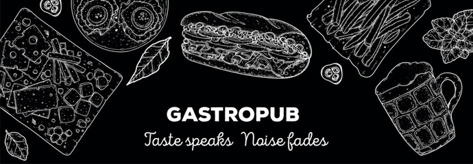 Gastropub menu. Pub food and beer. Hand drawn vector illustration. Food and drink sketch. Top view. Hand drawn food collection for gastropub or pub menu design. Beer,