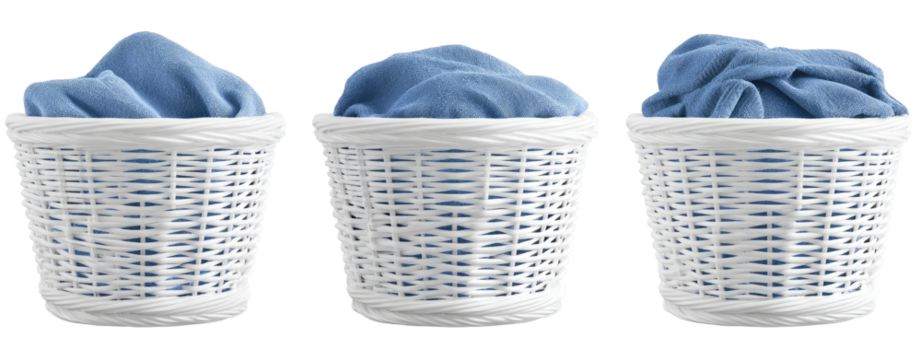 Three white plastic woven laundry baskets filled with light blue clothing