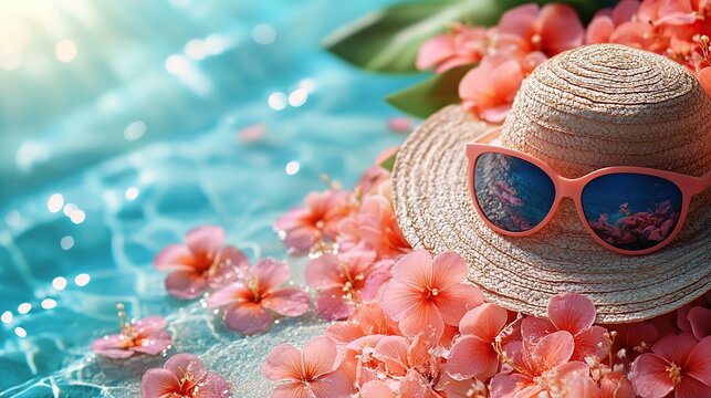 Summer hat with sunglasses surrounded by tropical flowers by a sparkling pool