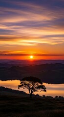 Obraz premium Tranquil lakeside landscape featuring a solitary tree at colorful sunset