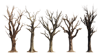 Five bare trees with detailed branch structures stand isolated on white or trasparent png, highlighting winter or fall season