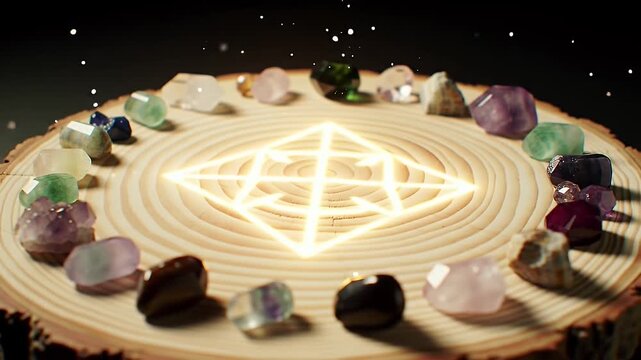 Glowing Geometric Pattern Surrounded by Gemstones on a Wood Slice with a Dark Backdrop