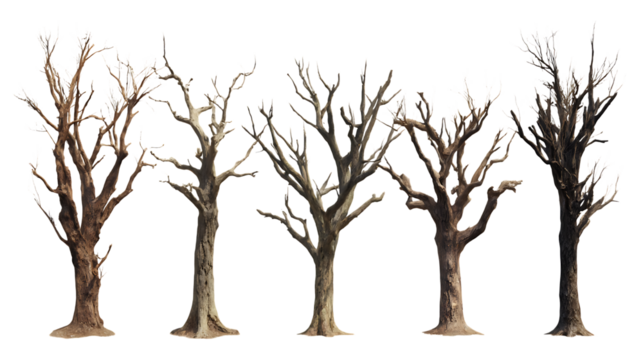 Five bare trees with detailed branch structures stand isolated on white or trasparent png, highlighting winter or fall season