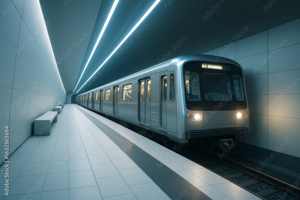 Aufkleber futuristic subway train at empty underground platform with dramatic ceiling lights and modern minima