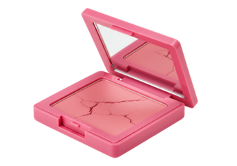 Open vibrant pink makeup compact revealing a cracked darker pink blush or powder with a triangular mirror